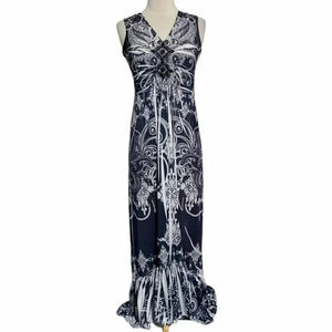 CATO XS black/white boho print v-neck‎ sleeveless ruffle hem maxi dress